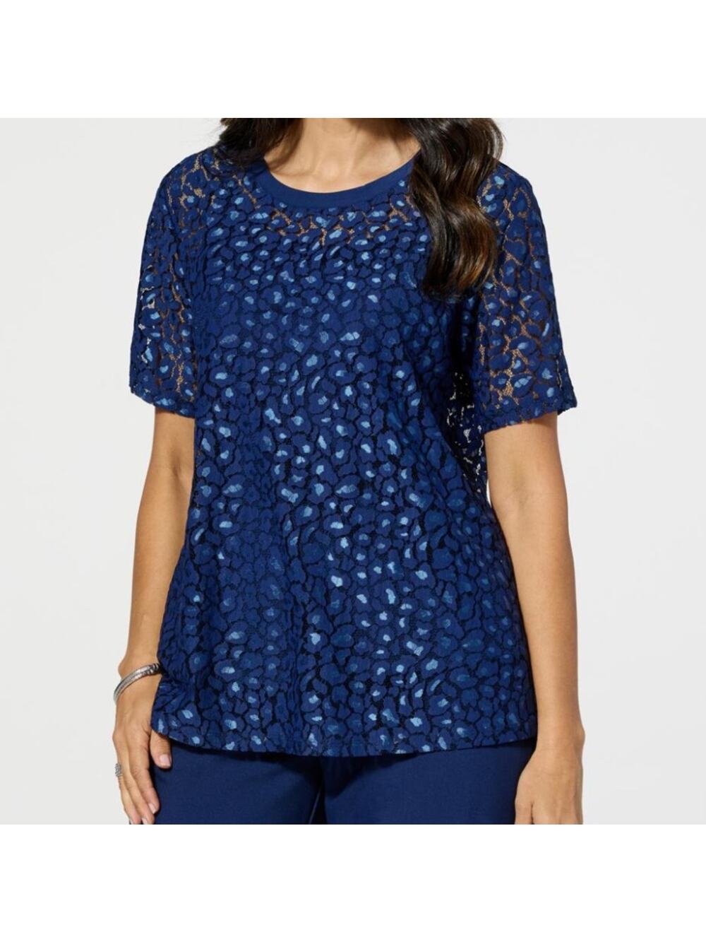 Iman Navy Blue Leopard Lace Top Women’s Size XL